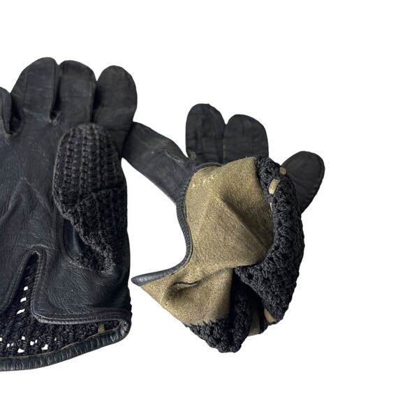 Vintage 80s Black Leather Crochet Driving Gloves Small Lightweight Open Knit - Picture 14 of 16